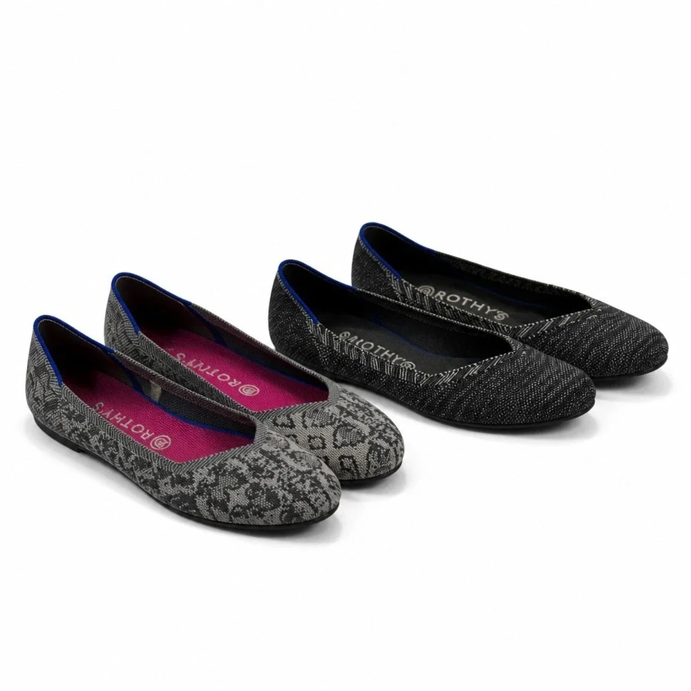 Rothys Womens 12 Gray Black Patterned Ballet Flats The Flat 2 Pair Bundle Wash